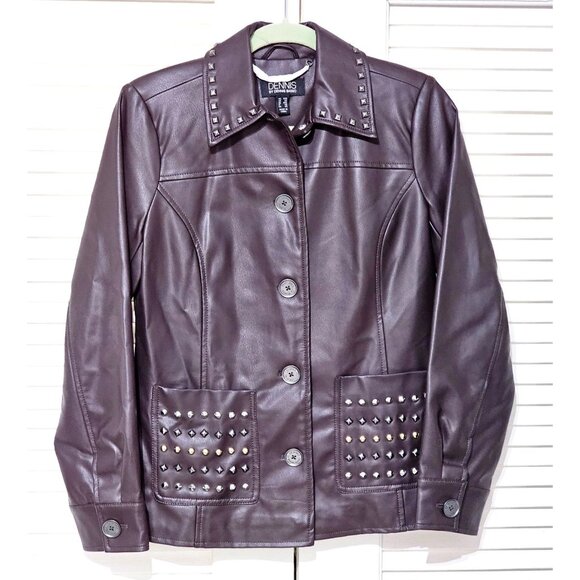 NWOT Dennis Basso Women's Dark Mahogany Faux Leather Studded Jacket Sz XXS 2207 - Picture 12 of 15